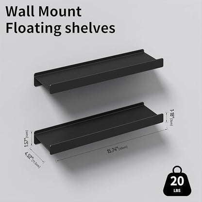 Small Shelves for Wall, Metal Floating Shelves Wall Mounted with Lip for Storage No Wobble, Heavy Duty Wall Shelves for Bathroom/Kitchen/Bedroom/Small Spaces, Black 16 inch 2 Pack