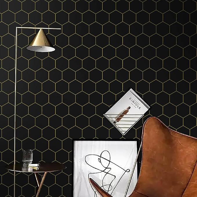 Black Geometric Wallpape Peel and Stick Wallpaper Gold and Black Contact Paper 17.3”×393”Decorative Shelf Draw er Liner Roll Waterproof