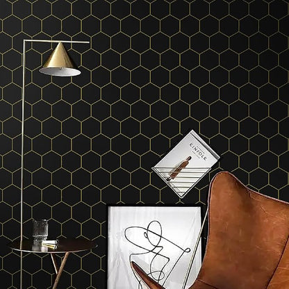 Black Geometric Wallpape Peel and Stick Wallpaper Gold and Black Contact Paper 17.3”×393”Decorative Shelf Draw er Liner Roll Waterproof