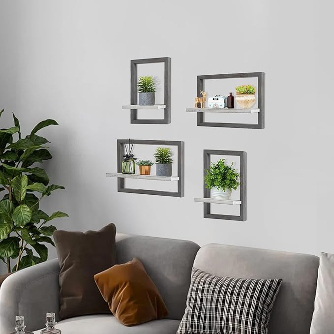 idee-home Floating Shelves for Wall, Rustic Square Hanging Floating Shelves Set of 4 Wood, Wall Decor Mounted Bathroom, Living Room, Kitchen Storage