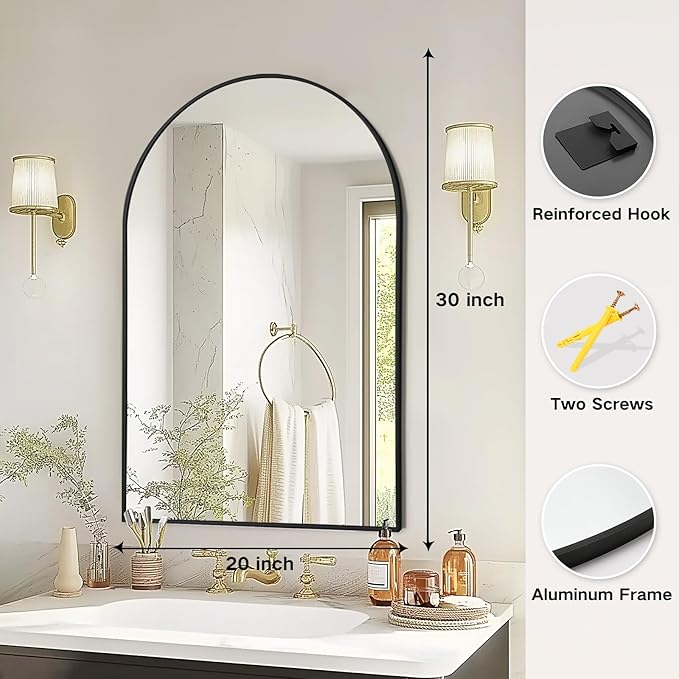 Arch Mirror Wall Mounted - 20x30 Inch Wide Arched Mirrors for Bathroom Over Sink, Black Metal Framed Mantel Vanity Mirror for Dresser, Firplace, Entryway, Hallway, Restroom, Bedroom Decor