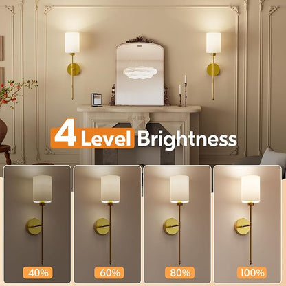 NIORSUN 24 inch Battery Operated Wall Sconce Set of 2, Gold Wireless Rechargeable Wall Lights with 5200mAh Dimmable Detachable Bulbs and Remote, 9 Colors Sconces Wall Decor for Bedroom Living Room