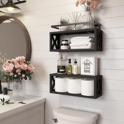 RICHER HOUSE Floating Shelves with Guardrail, Rustic Wood for Wall Décor, Farmhouse Bathroom Accessories Mounted, Organizer over Toilet Storage, Kitchen, Living Room - Black
