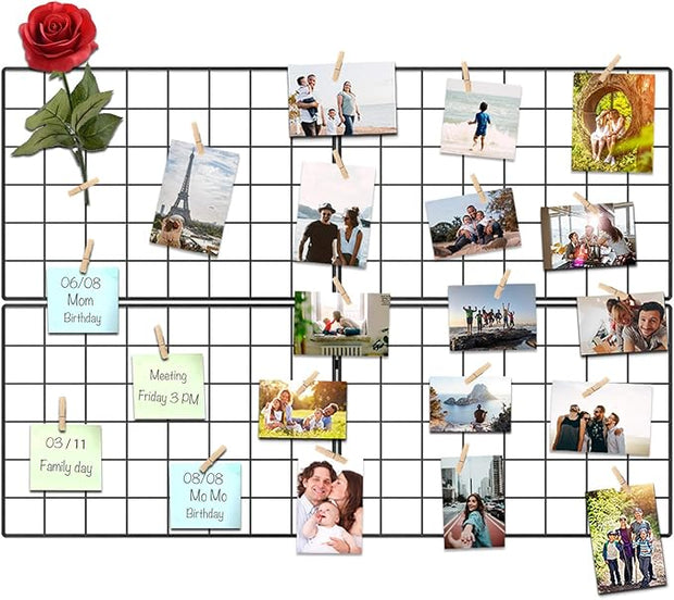 Wire Wall Grid Panel for Photo Display, DIY Iron Picture Frames Collage For Hanging Wall Decor, Foldable Multi Pictures Organizer with 12 Clips, 28'' X 22'' Inch.(2 Pack)