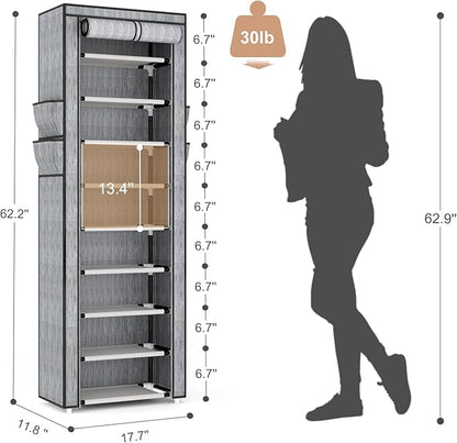 Shoe Rack with Cover Narrow Shoe Rack Organizer with 4 Side Pockets 10 Tier Tall Shoe Storage Shoe Shelf Holds 18-22 Pairs Shoes and Boots Shoe Rack for Closet, Printing