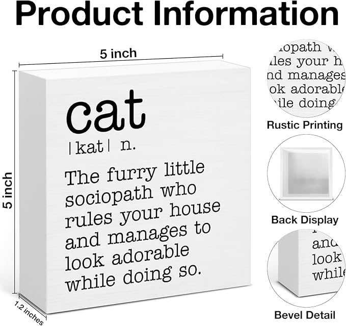 Cat Definition Decor Sign, Cat Lover Gifts for Women Men, Home Office Tabletop Shelf Decoration 5 x 5 Inches