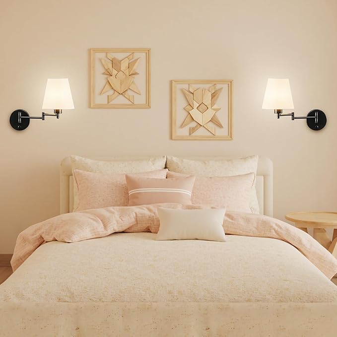 VONLUCE Wall Sconce Set of 2, Plug in & Hardwired Swing Arm Wall Lamps, Adjustable Wall Mounted Lighting Fixtures, Modern Wall Lights with Black Base White Fabric Shade for Bedside, Hallway, Study