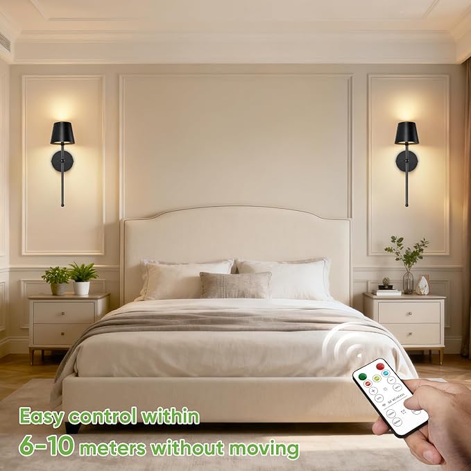 Kimjo Battery Operated Wall Sconce Set of 2, Rechargeable Wireless Wall Sconces Light with Dimmable Timer Remote, 5200mAh Black Cordless Wall Light for Bedroom Living Room Hallway Decor