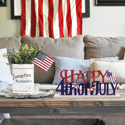 MEETYAMOR 4th of July Decorations, Metal Happy Fourth of July with Wooden Base, Patriotic Independence Day Decor for the Home, Memorial Day, Tiered Tray, Shelf, Table, Mantel