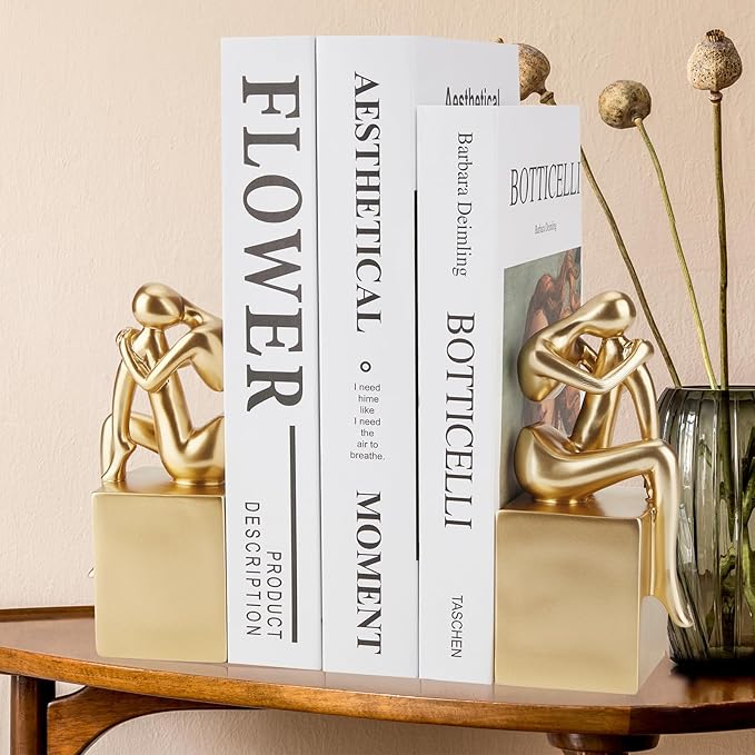 Book Ends, Gold Girl Thinker Design, Non-Skid Heavy Duty Resin Book Stopper for Books, Bookends with Base, Modern Bookends for Shelves, Resin, 1Pair/2Piece