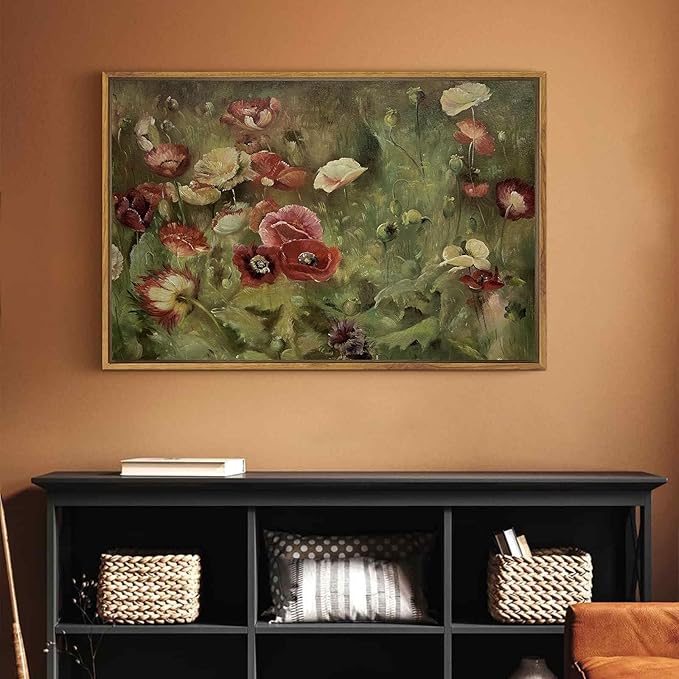 SHENIFY 24x36in Large Vintage Landscape Framed Canvas Wall Art Poppies Flower Classic Wall Prints Modern Kitchen Bathroom Office Decor - Natural Framed