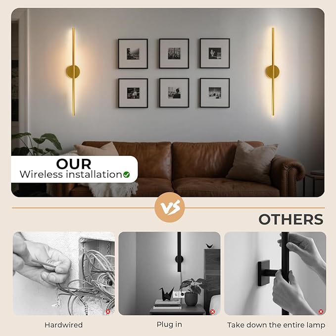 1 Pack Battery Operated Wall Sconce Detachable 360°Rotate, Wireless Wall Light 3000-6500K Dimmable, 10000mAh Rechargeable Wall Lamp for Bedroom, Living Room，28.3 Inch Gold
