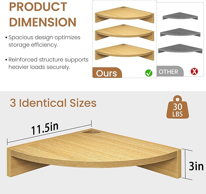 Fun Memories Corner Shelf Wall Mount, Wood Floating Corner Shelves, Corner Wall Shelf for Bedroom, Bathroom, Kitchen, Living Room (Oak, 3 Pack)