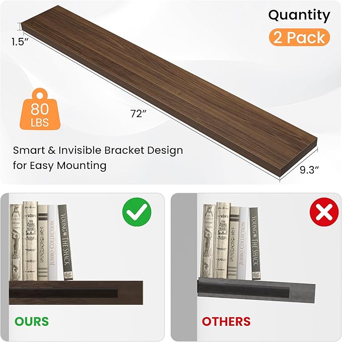 Floating Shelves for Wall, 72"W x 9.3"D x 1.5"H, Long Wooden Wall Mounted Display Shelves with Invisible Brackets for Living Room, Bedroom, Bathroom, Kitchen Decor and Storage, Set of 2, Walnut