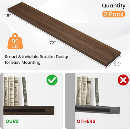 Floating Shelves for Wall, 72"W x 9.3"D x 1.5"H, Long Wooden Wall Mounted Display Shelves with Invisible Brackets for Living Room, Bedroom, Bathroom, Kitchen Decor and Storage, Set of 2, Walnut