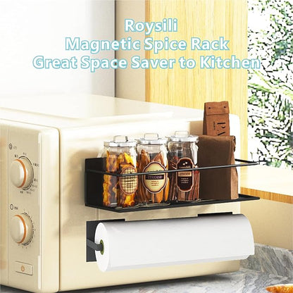Magnetic Spice Rack For Refrigerator, Space Saving Magnetic Shelf For Fridge Matt Black 4 Pack With Magnetic Paper Towel Holder