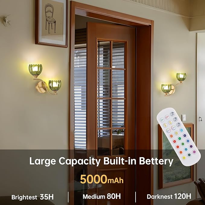 Battery Operated Wall Sconce, 2-Lights Vinatge Brass Wall Lighting with Green Tluip Shade Rechargeable Bulb with Remote for Living Room, Bedroom，Symmetrical 2 Pack
