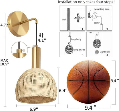 Boho Battery Operated Wall Sconce Set of 2 with Remote, Rechargeable Rattan Wireless Sconces - Dimmable for Bedroom, Living Room, Entryway (Gold)