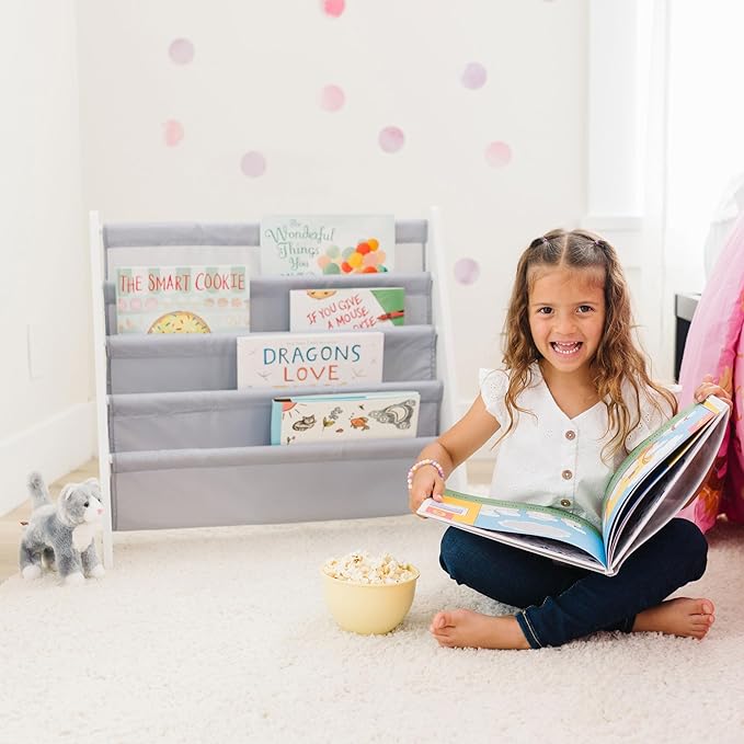 Wildkin Wooden Sling Bookshelf for Kids – Premium Canvas Design with 4 Fabric Shelves, Organizer for Home or Classroom - White w/Gray