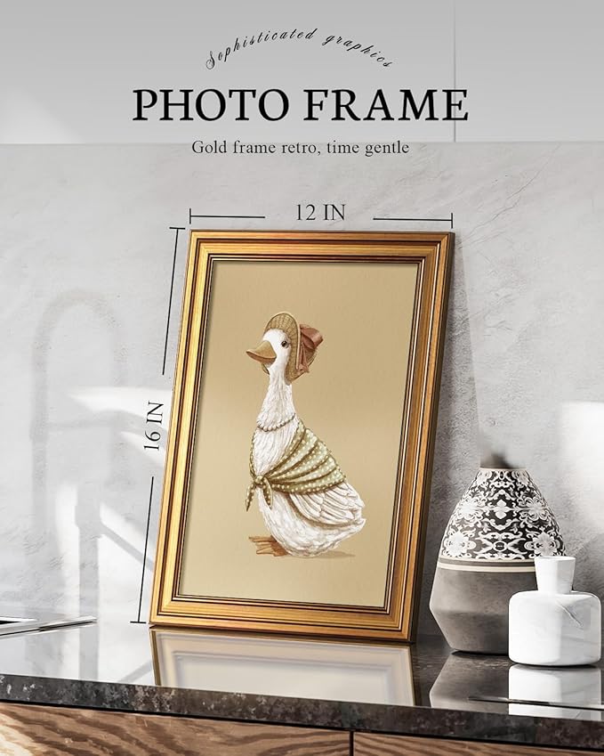 VIYYIEA Gold Framed Art Prints,12x16Inch, Dressed Duck Vintage Art Painting, Cottagecore Farmhouse Decor for Nursery Kids Room Playroom Bedroom, Rustic Whimsical Canvas Picture