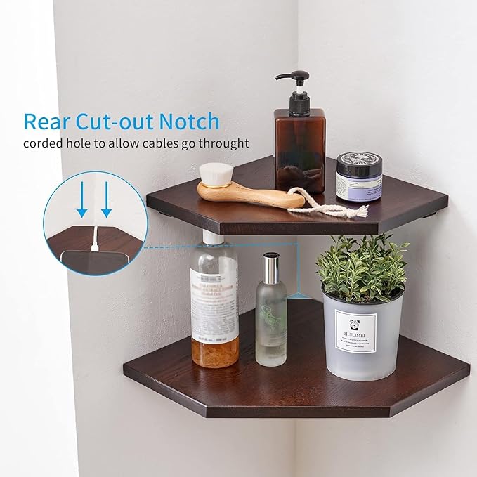 Corner Shelf Wall Mount, Set of 2 Solid Oak Wood Floating Corner Shelves with Wire Hole Display Shelf with Wire Hole Small Plant Display for Kitchen Living Room Bedroom
