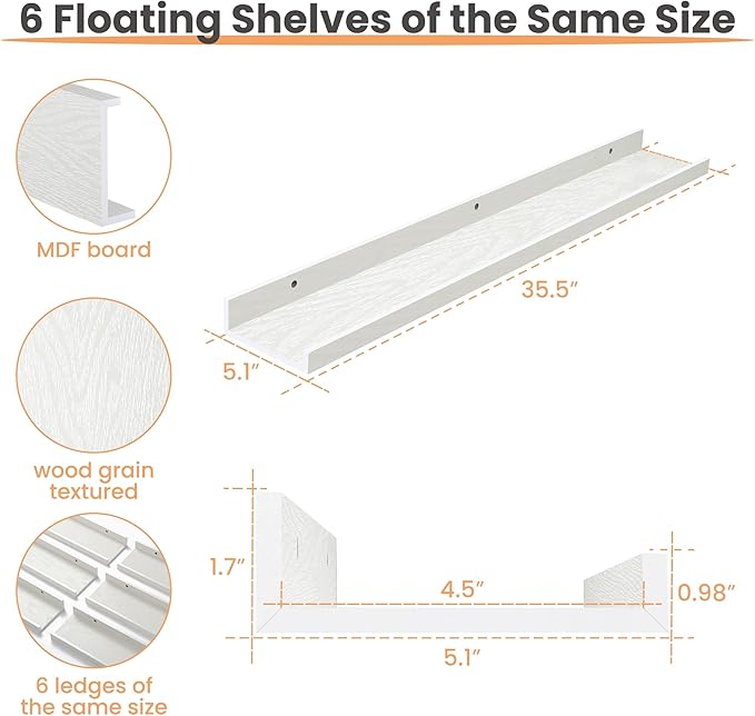 upsimples Floating Shelves for Wall, 35.5 Inch Shelves for Decor Storage Set of 6, Wall Mounted Wood Shelf for Bedroom, Living Room, Bathroom, Kitchen, Long Picture Ledge Shelves, White