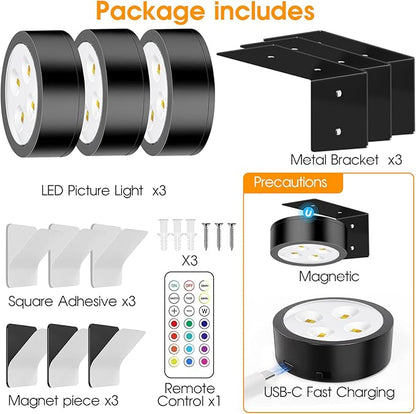13 RGB Color Changing Led Art Display Light for Picture Frame,Rechargeable Battery Operated Led Painting Light with Remote Control Dimmable & Timer,6Pack Black