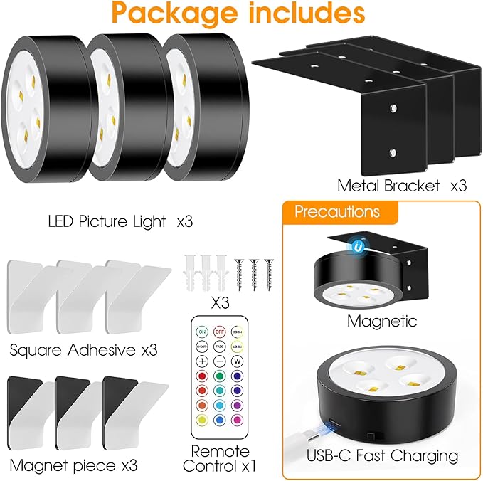 13 RGB Color Changing Led Art Display Light for Picture Frame,Rechargeable Battery Operated Led Painting Light with Remote Control Dimmable & Timer,3Pack Black