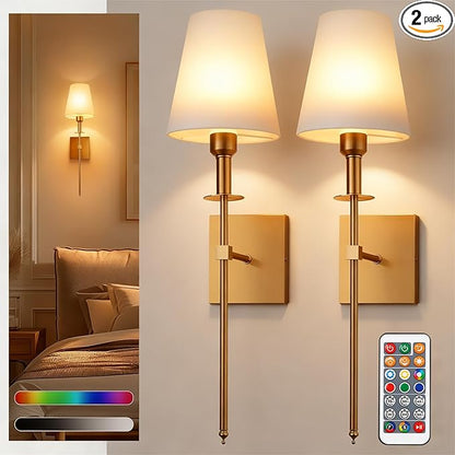 DORESshop Battery Operated Wall Sconce Set of 2, Gold Rechargeable Wall Lights Remote, Sconce Wall Decor Set of 2, 7 Colors Wireless Sconces for Bedroom Living Room Hallway