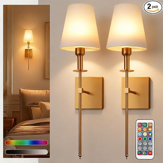 DORESshop Battery Operated Wall Sconce Set of 2, Gold Rechargeable Wall Lights Remote, Sconce Wall Decor Set of 2, 7 Colors Wireless Sconces for Bedroom Living Room Hallway