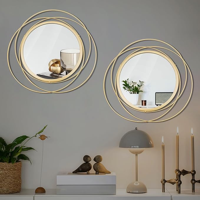 Cityelf 2 Set 13.3'' Gold Circle Mirrors Wall Decor Iron Frame Round Wall Art Hanging for Living Room/Bedroom/Bathroom/Entryway (Medium Size 13.3 inch)