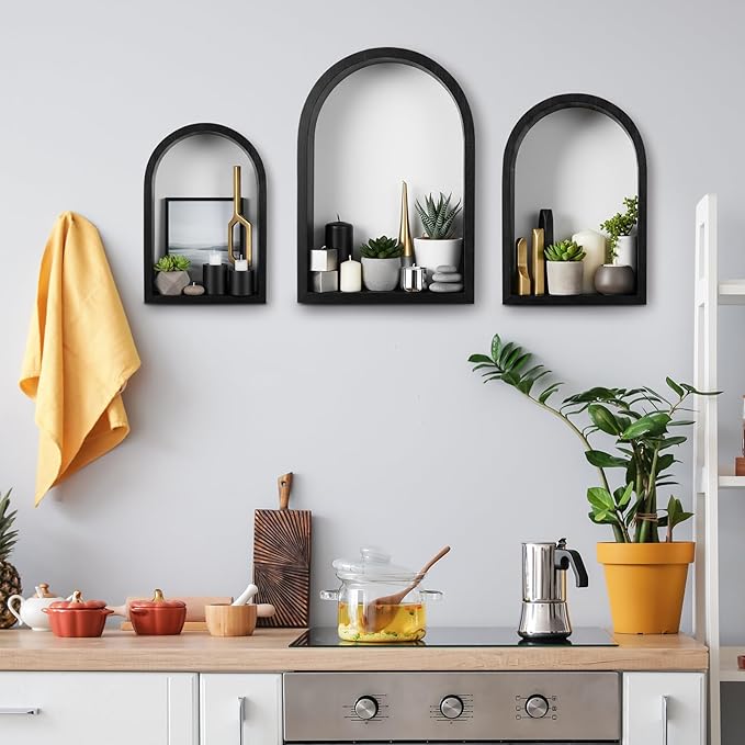 3 Set Wall Shelf 9.8 x 7.1 Inch Wooden Hanging Shelf Deep Display Storage Shelves Floating Shelves for Home Office Room Mini Figures Potted Plants Wall Decor(Arched,Black)