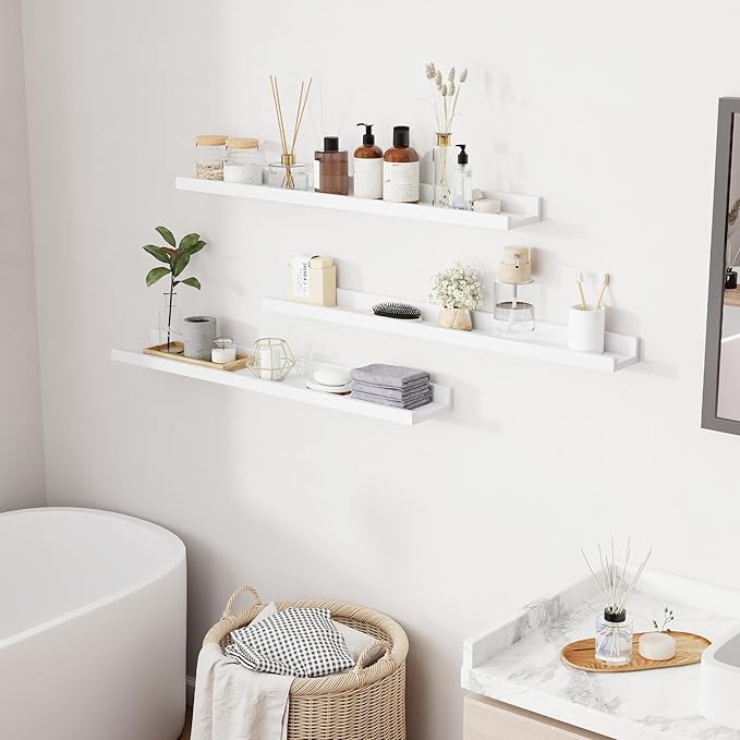 RICHFOCUS Floating Shelves for Wall, 36 inch Solid Wood Picture Ledge Shelf for Wall Storage, Nursery Book Shelves with Lip for Living Room Bathroom Bedroom Kitchen, Set of 3, Washed White