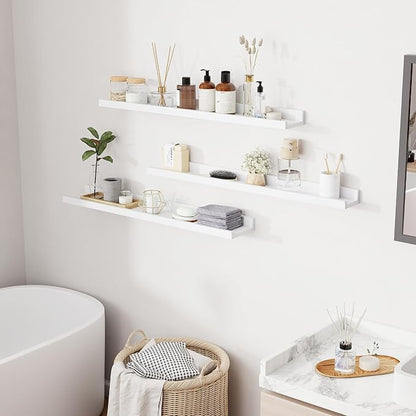 RICHFOCUS Floating Shelves for Wall, 36 inch Solid Wood Picture Ledge Shelf for Wall Storage, Nursery Book Shelves with Lip for Living Room Bathroom Bedroom Kitchen, Set of 3, Washed White