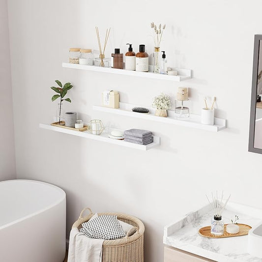 RICHFOCUS Floating Shelves for Wall, 36 inch Solid Wood Picture Ledge Shelf for Wall Storage, Nursery Book Shelves with Lip for Living Room Bathroom Bedroom Kitchen, Set of 3, Washed White