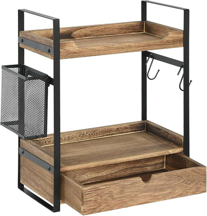 Coffee Station Organizer Countertop, Wooden Coffee Bar Accessories Organizer with Basket, 2 Mug Holder Hooks and Pod Drawer, Multifunctional 2 Tier Countertop Organizer for Kitchen, Bathroom, Office