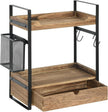 Coffee Station Organizer Countertop, Wooden Coffee Bar Accessories Organizer with Basket, 2 Mug Holder Hooks and Pod Drawer, Multifunctional 2 Tier Countertop Organizer for Kitchen, Bathroom, Office