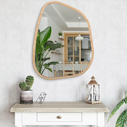 Irregular Bathroom Mirror Modern Wall Mirror Asymmetrical Wooden Framed Wall Mirror Unique Shape Wall Mounted Vanity Artistic Mirror Decor for Living Room Bedroom Entryway Large 26"x18"