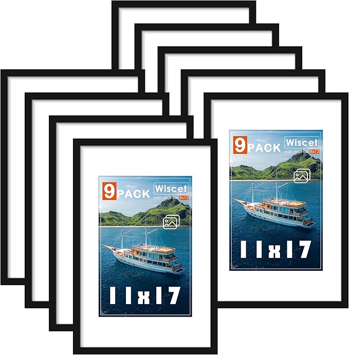Wiscet 11x17 Picture Frame Set of 9, Display Pictures 8x12 with Mat or 11x17 Without Mat, Photo Frame for Horizontal or Vertical Wall Display, Black