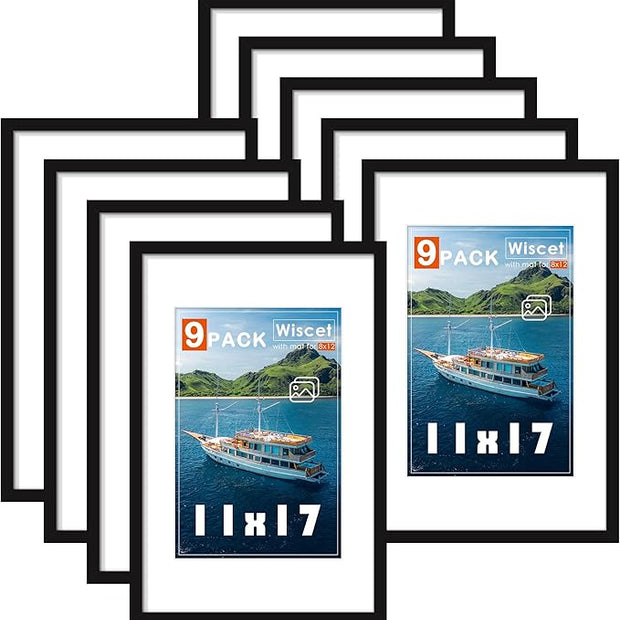 Wiscet 11x17 Picture Frame Set of 9, Display Pictures 8x12 with Mat or 11x17 Without Mat, Photo Frame for Horizontal or Vertical Wall Display, Black
