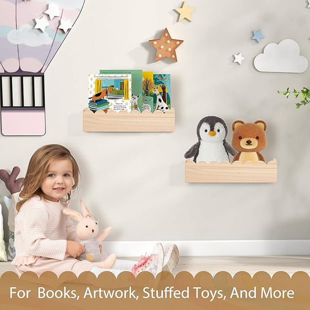 Wood Floating Shelves for Wall,Nursery Bookshelf,Kids Book Shelf,Baby Toys Storage Decor Organizer Wall Mounted for Living Room Bedroom,Wavy Edge,Preassembled,4 Pack,Scalloped Pine(Natural Wood)