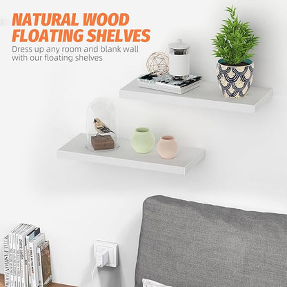 Floating Shelves (Set of 2) – Wall Mounted Shelves for Home Décor and Storage, Natural Pine Wood, Suitable for Living Room and Bedroom (White, 15.7" x 5.7" x 1.0")