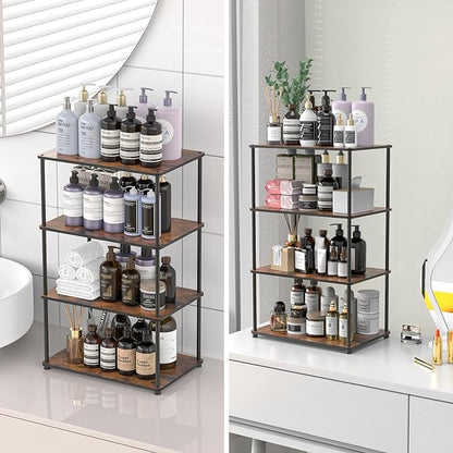 Countertop Spice Rack, Stackable Wood & Metal Pantry Cabinet Shelf Organizer Storage, 4-Tier or Split into 2×2-Tier, Multi-Use for Kitchen Bathroom Desktop Home Office, Rustic Brown