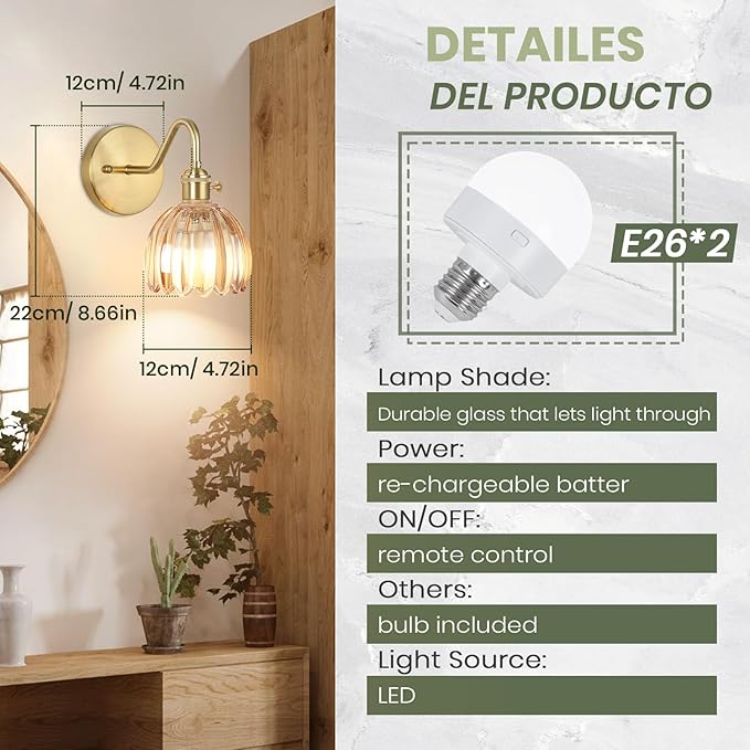 Battery Operated Wall Sconce Vintage,Battery Wall Sconces Set of Two with RGB Dimmable Remote Control,Rechargeable Wireless Wall Lights with Remote for Bedroom Living Room (Amber)