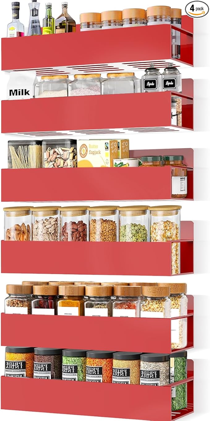 Magnetic Spice Rack Organizer for Fridge Seasoning Organizer for Kitchen storage with Screw Magnetic Shelf with Hook for Refrigerator and Oven (6pack-Red)