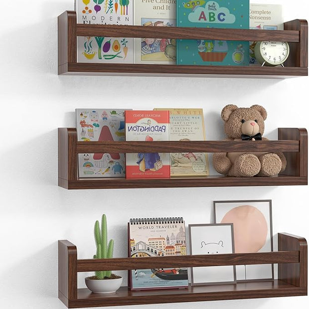 Floating Wall Nursery Book Shelves for Bedrooms Kids 16.5 Inch Walnut Color Wooden Baby Book Shelf for Kids Rooms Set of 3 Nursery Shelves for Wall Mounted Toddler Bookshelf