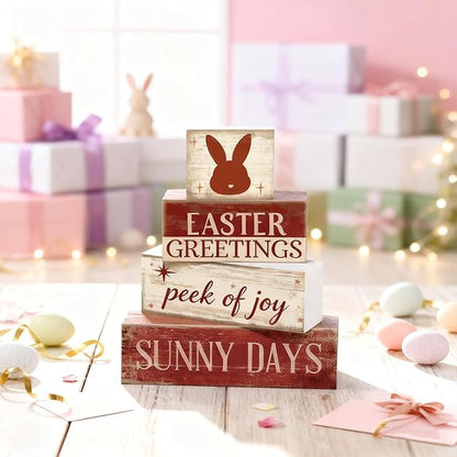 Easter Decorations - Easter Greetings Bunny Tiered Tray Decor - Wooden Easter Bunny Tabletop Sign - Rustic Farmhouse Spring Home Decor Indoor for Tiered Tray Shelf Mantel Entryway Coffee Table - Spring Home Decor for Living Room, Kitchen Counter