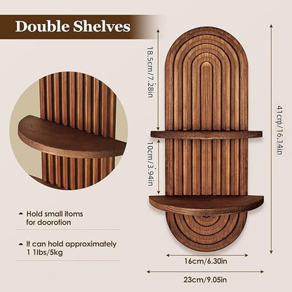 2 Pieces Boho Wall Shelf, Mid Century Shelves, Double Shelves, Decorative Bohemian Rainbow Hanging Shelves for Bathroom, Bedroom, Kitchen, Living Room, Laundry Room (Coffee Color)
