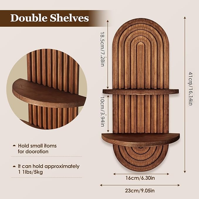 2 Pieces Boho Wall Shelf, Mid Century Shelves, Double Shelves, Decorative Bohemian Rainbow Hanging Shelves for Bathroom, Bedroom, Kitchen, Living Room, Laundry Room (Coffee Color)
