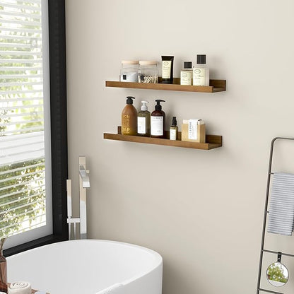 Picture Ledge Wall Shelves 24 inch Width Set of 2, Solid Pine Wood Rustic Floating Ledge Shelves for Wall for Kids' Room Bedroom Kitchen Bathroom Living Room Nursery Display Wall Decor, Walnut